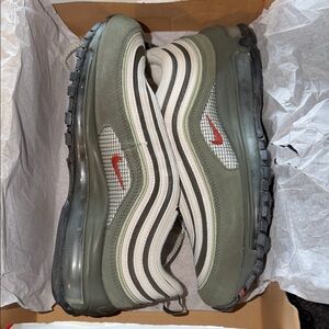 Nike Men’s Olive Green and White Air Max 97 Sneakers with Red Swoosh